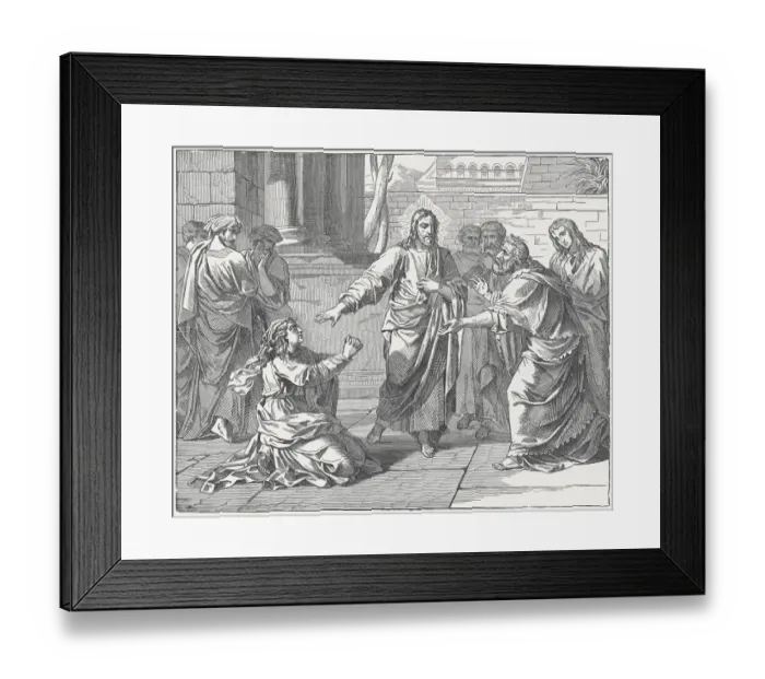 Framed Print : Canaanite Womans Faith (Matthew 15), wood engraving, published in 1877 Framed Print : Canaanite Womans Faith (Matthew 15), wood engraving, published in 1877