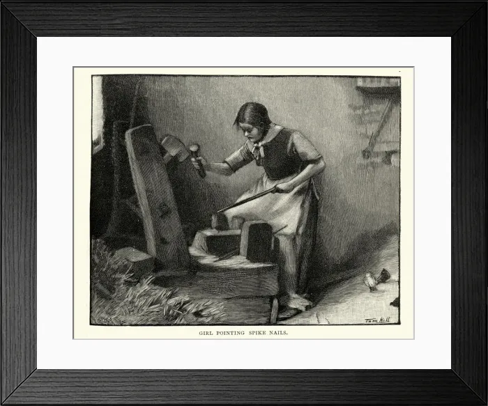 Framed Print : Girl making spike nails in a victorian factory, 19th Century Framed Print : Girl making spike nails in a victorian factory, 19th Century