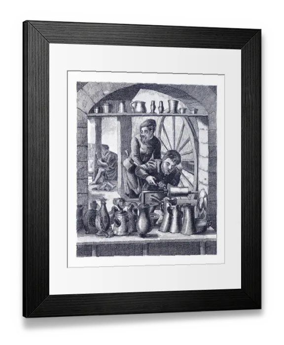 Framed Print : Craftsperson working at turning lathe with tin products 16th century Framed Print : Craftsperson working at turning lathe with tin products 16th century