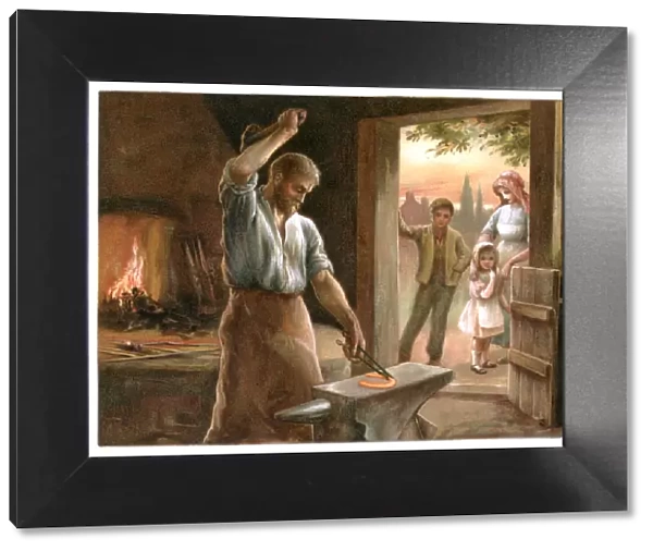 Village blacksmith at work making a horseshoe, with an 18th century family watching