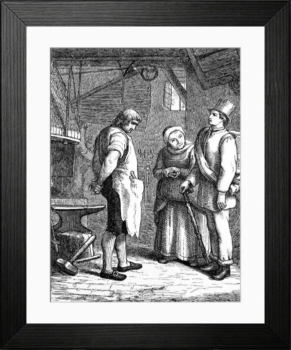 Framed Print : Traveling handyman asks blacksmith for work Framed Print : Traveling handyman asks blacksmith for work