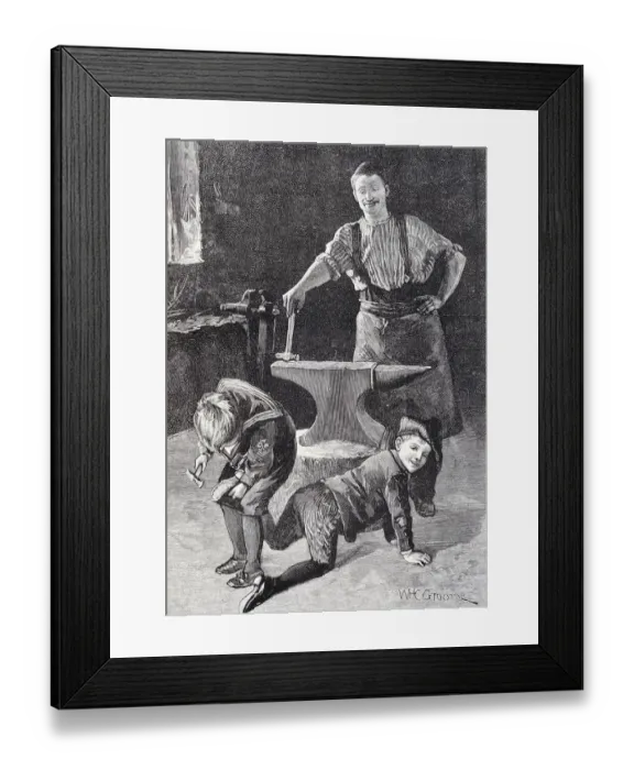Framed Print : Boy studs his friends shoes at the farrier, just for fun in the horse position