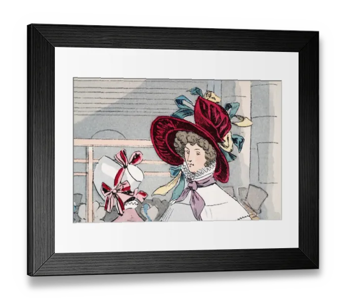 Framed Print : History of Womens fashion, Headwear in 1820s, Bonnets with colourful ribbons Framed Print : History of Womens fashion, Headwear in 1820s, Bonnets with colourful ribbons