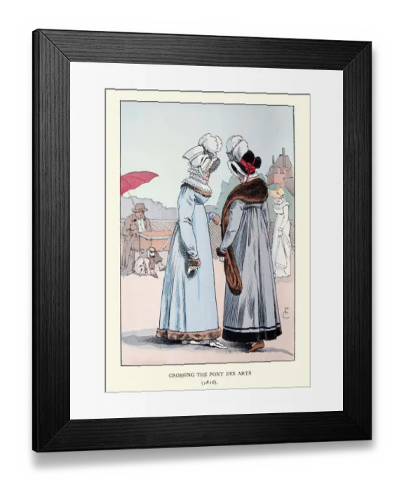 Framed Print : Women wearing high waisted fur trimmed coat, stole, bonnet, Paris fashions early 1810s Framed Print : Women wearing high waisted fur trimmed coat, stole, bonnet, Paris fashions early 1810s