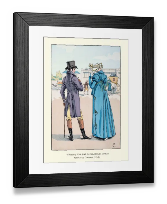 Framed Print : Young couple waiting for coach on Place de la Concorde, 1800s Framed Print : Young couple waiting for coach on Place de la Concorde, 1800s