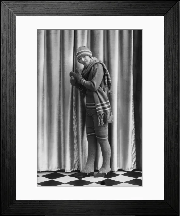 Framed Print : A La Mode. 1928: A knitted winter sports outfit in green wool Framed Print : A La Mode. 1928: A knitted winter sports outfit in green wool