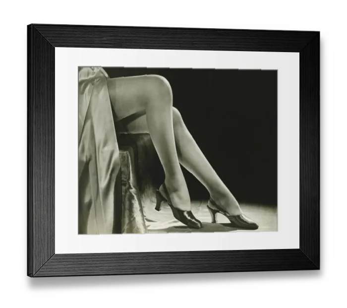 Framed Print : Woman in stockings sitting on chair, close-up of legs, (B&W), low section Framed Print : Woman in stockings sitting on chair, close-up of legs, (B&W), low section