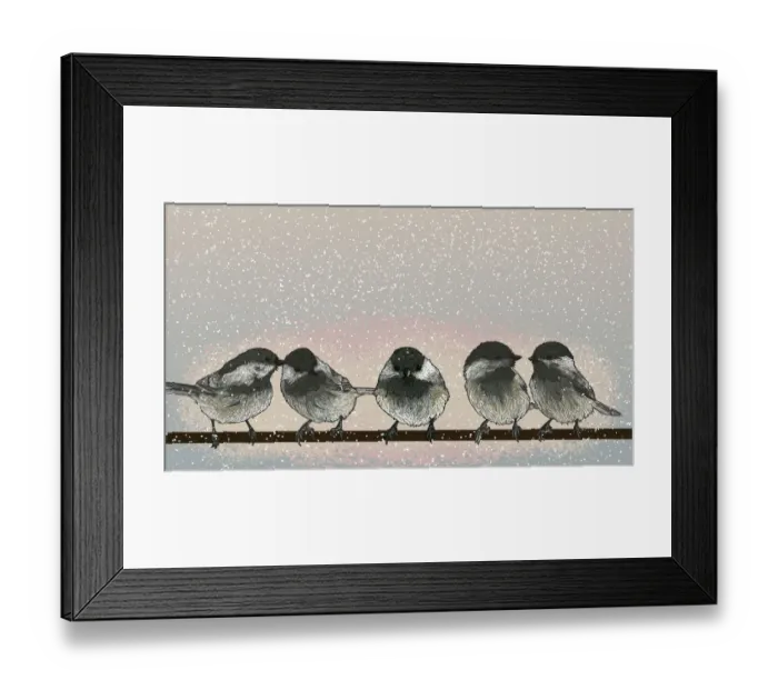 Framed Print : Black-capped Chickadees on a Wire on a Snowy Day Framed Print : Black-capped Chickadees on a Wire on a Snowy Day