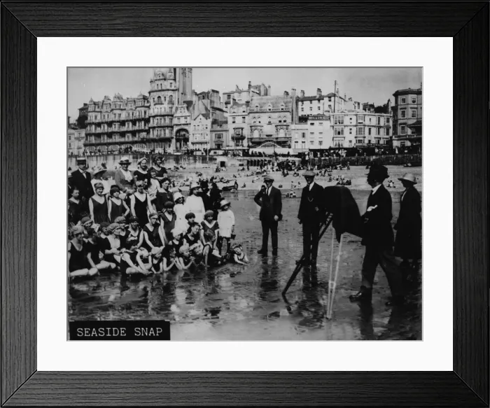 Framed Print : Smile. circa 1912: A seaside photographer taking a photograph of a crowd Framed Print : Smile. circa 1912: A seaside photographer taking a photograph of a crowd