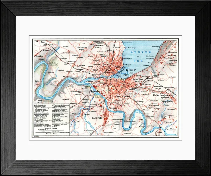 Framed Print : Antique map of Geneva Switzerland 1896