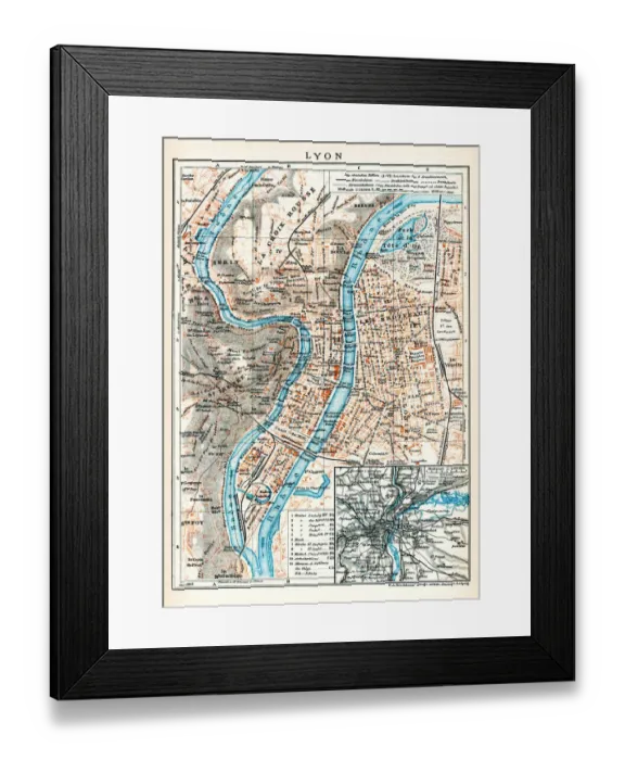 Framed Print : Antique map of Lyon France 1896 Framed Print : Antique map of Lyon France 1896