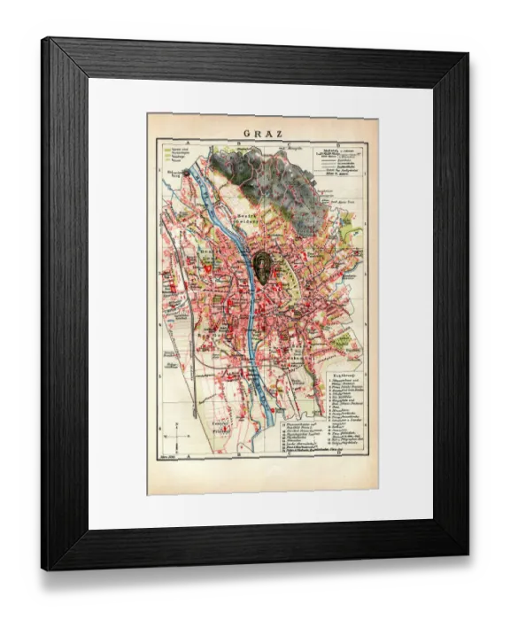 Framed Print : Map of city Graz Switzerland 1898 Framed Print : Map of city Graz Switzerland 1898