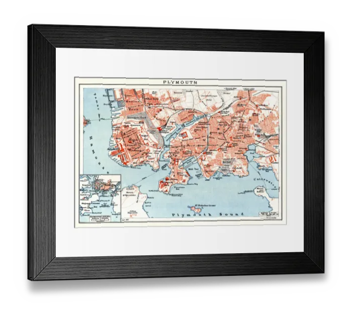 Framed Print : Map of Plymouth England 1898 Framed Print : Map of Plymouth England 1898