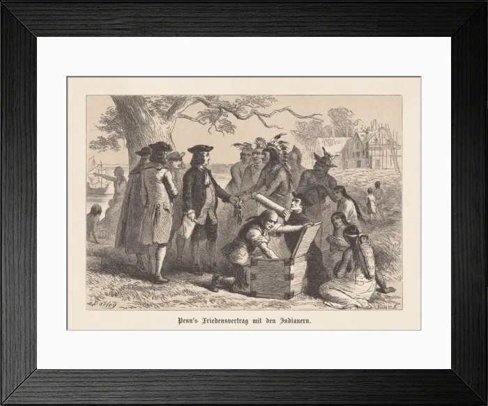Framed Print : William Penns Treaty with the Indians, 1682, woodcut, published 1876 Framed Print : William Penns Treaty with the Indians, 1682, woodcut, published 1876