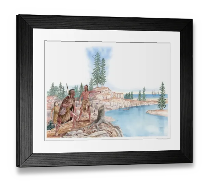 Framed Print : Illustration of Native Americans pointing with young Pocahontas standing behind Framed Print : Illustration of Native Americans pointing with young Pocahontas standing behind