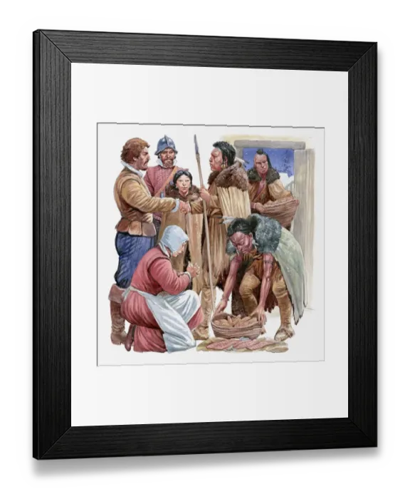 Framed Print : Illustration of American Indians giving English settlers baskets of food
