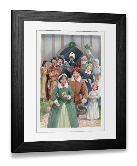 Framed Print : Illustration of Pocahontas and John Rolfe leaving church after their wedding Framed Print : Illustration of Pocahontas and John Rolfe leaving church after their wedding