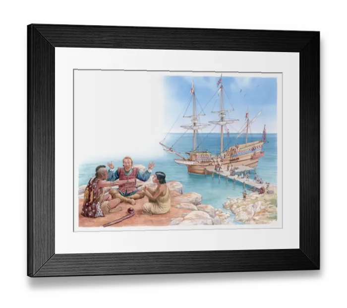 Framed Print : Illustration of Pocahontas and her father sitting and talking with Captain John Smith Framed Print : Illustration of Pocahontas and her father sitting and talking with Captain John Smith