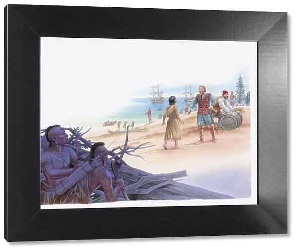 Illustration of Pocahontas talking with Captain John Smith