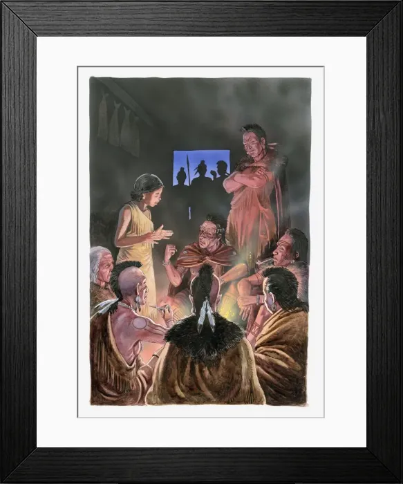 Framed Print : Illustration of Pocahontas speaking to her father and her tribe Framed Print : Illustration of Pocahontas speaking to her father and her tribe