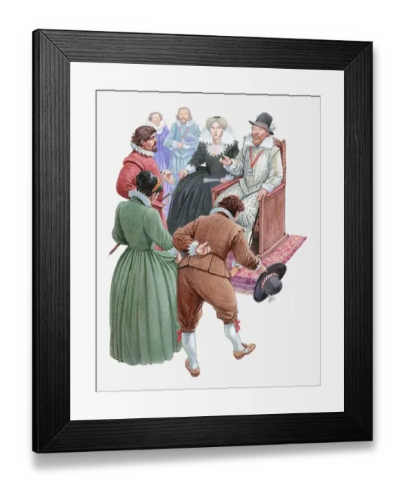 Framed Print : Illustration of Pocahontas and her husband John Rolfe meeting King James and Queen Anne