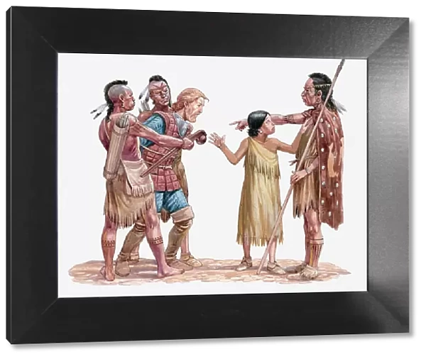 Illustration of Captain Smith being taken prisoner while Pocahontas tries to stop it