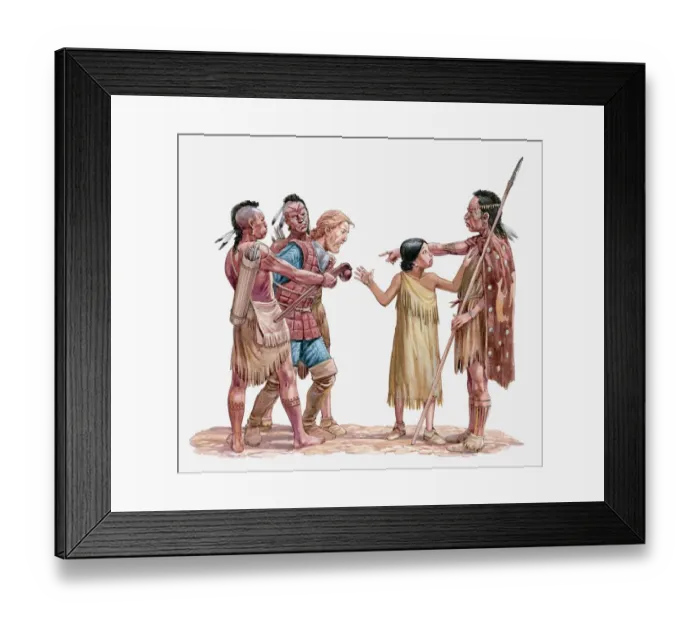 Framed Print : Illustration of Captain Smith being taken prisoner while Pocahontas tries to stop it Framed Print : Illustration of Captain Smith being taken prisoner while Pocahontas tries to stop it