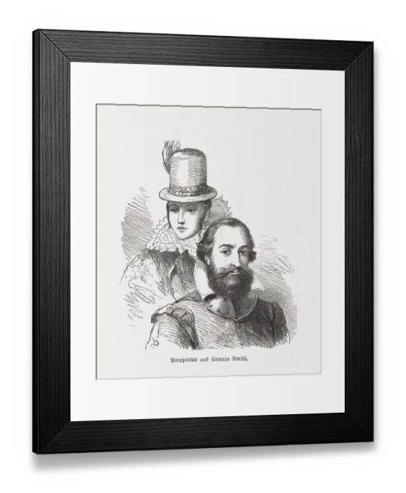 Framed Print : Pocahontas and Captain John Smith, wood engraving, published in 1876