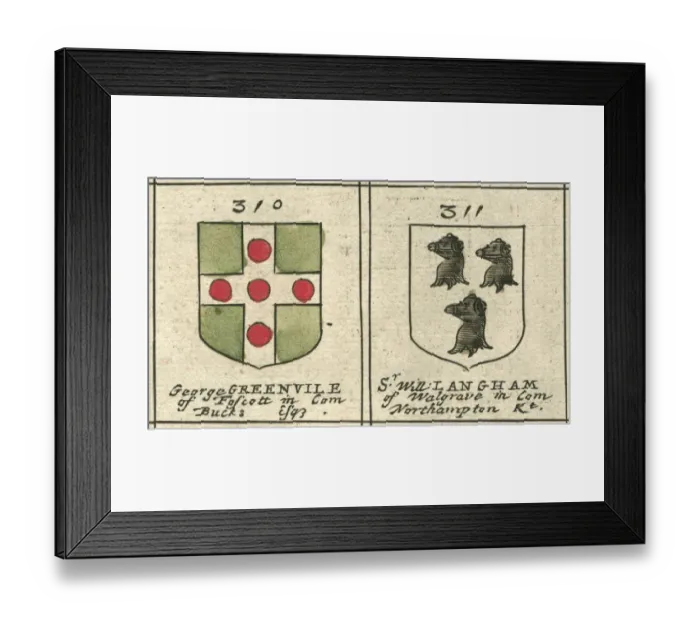 Framed Print : Coat of arms copperplate 17th century Greenville and Langham Framed Print : Coat of arms copperplate 17th century Greenville and Langham