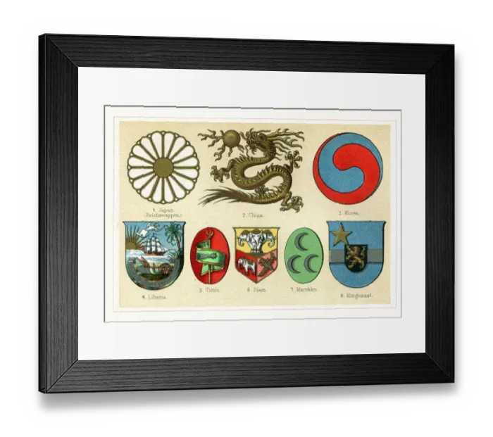 Framed Print : Antique vintage badges from Asia and Africa 1897 Framed Print : Antique vintage badges from Asia and Africa 1897