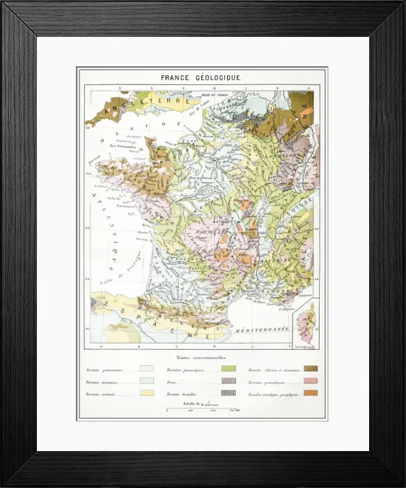 Framed Print : Antique French map of Geology France Framed Print : Antique French map of Geology France