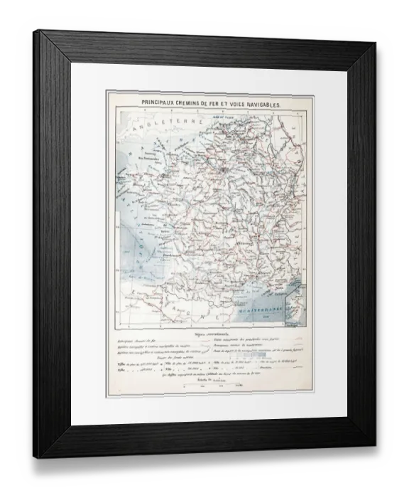 Framed Print : Antique French map of Railways, River and Canals France Framed Print : Antique French map of Railways, River and Canals France