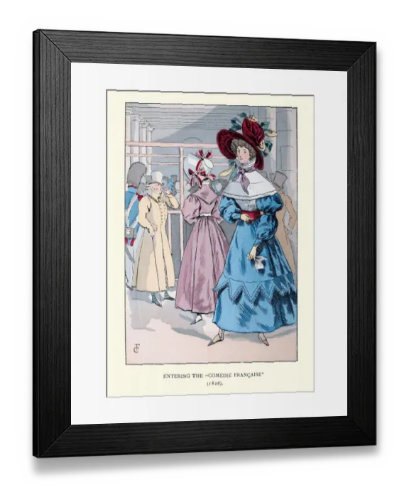 Framed Print : Vintage fashion of Paris, Woman wearing blue frilly dress and large hat