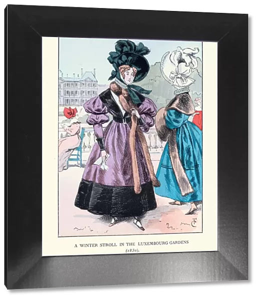 Vintage fashion of Paris, Women winter fashions, dress, fur stole, early 19th Century