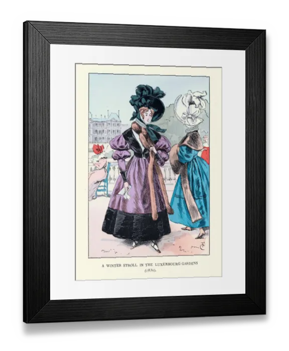 Framed Print : Vintage fashion of Paris, Women winter fashions, dress, fur stole, early 19th Century Framed Print : Vintage fashion of Paris, Women winter fashions, dress, fur stole, early 19th Century