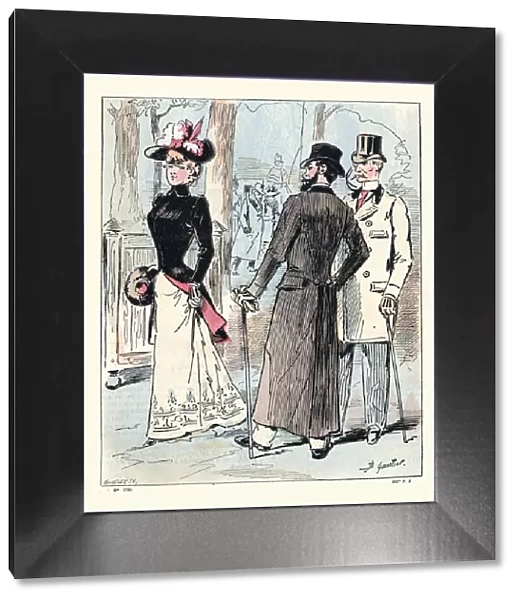 Vintage illustration, Smartly dressed men and woman, Victorian fashion, French