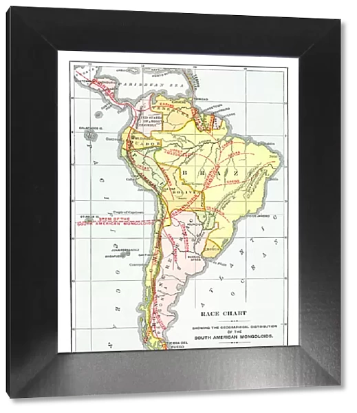 Old map of Race Chart showing the geographical distribution of the South American