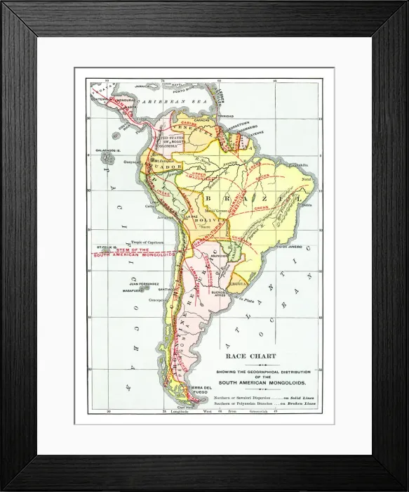 Framed Print : Old map of Race Chart showing the geographical distribution of the South American Framed Print : Old map of Race Chart showing the geographical distribution of the South American
