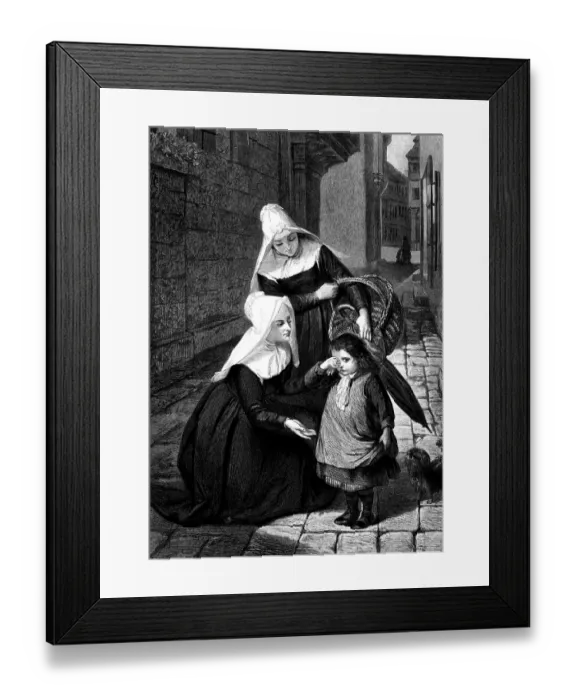 Framed Print : Lost girl helped by two nuns - Illustrated London News