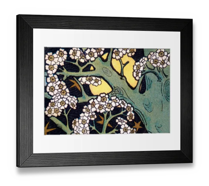 Framed Print : Art Nouveau, Golden moon behind a blossoming tree, blossom, Vintage illustration 1890s Framed Print : Art Nouveau, Golden moon behind a blossoming tree, blossom, Vintage illustration 1890s
