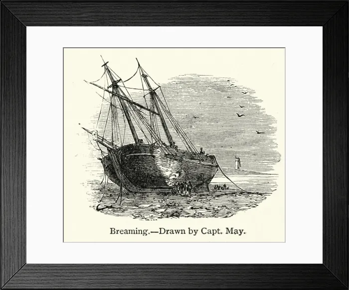 Framed Print : Sailors breaming a sailing ship, clearing weeds, shells Framed Print : Sailors breaming a sailing ship, clearing weeds, shells