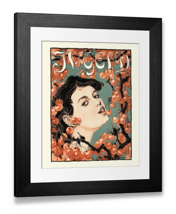 Framed Print : Woman eating cherries from the tree, Art Nouveau, 1890s, 19th Century, Youth Framed Print : Woman eating cherries from the tree, Art Nouveau, 1890s, 19th Century, Youth