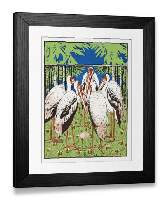 Framed Print : Group of marabou stork in forest around egg decorative art nouveau 1897 Framed Print : Group of marabou stork in forest around egg decorative art nouveau 1897