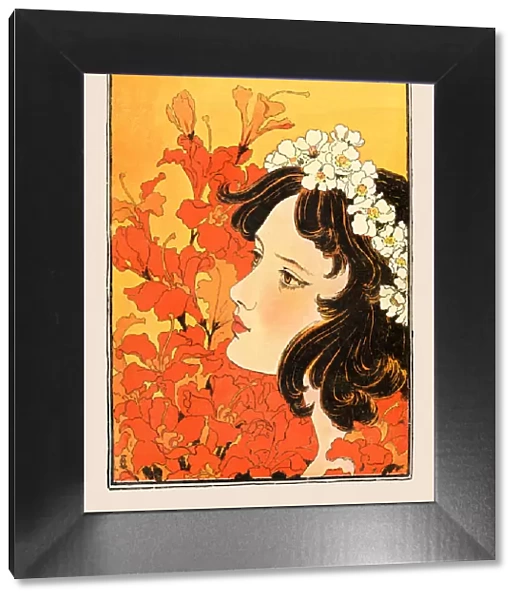 Young woman with floral garland in nature dreaming art nouveau 1897