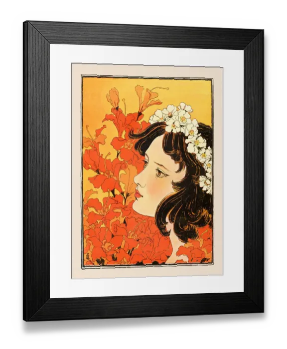 Framed Print : Young woman with floral garland in nature dreaming art nouveau 1897 Framed Print : Young woman with floral garland in nature dreaming art nouveau 1897