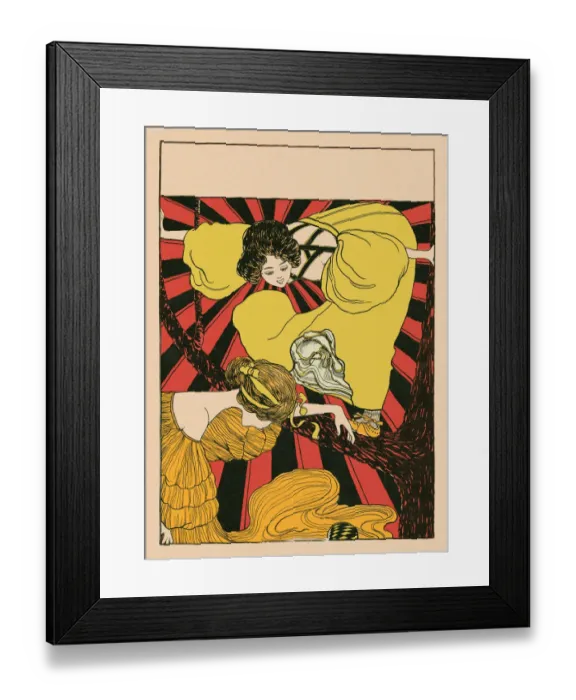Framed Print : Two young woman climbing in tree in nature art nouveau 1896