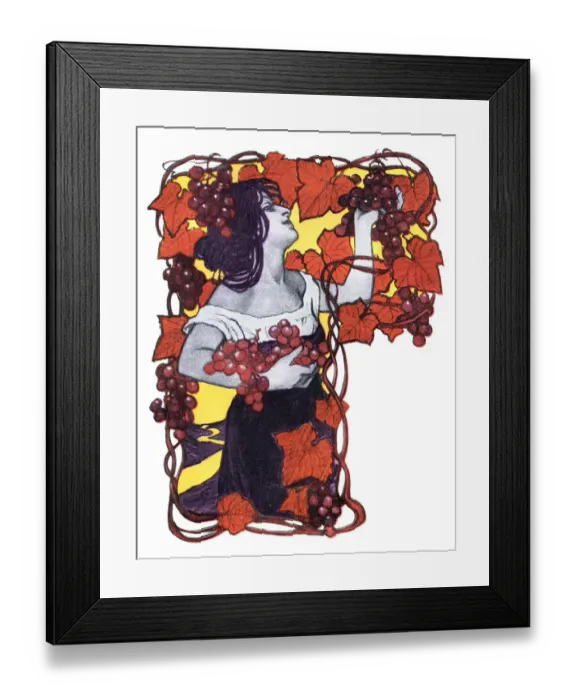 Framed Print : Woman grape harvesting in autumn art nouveau 1897