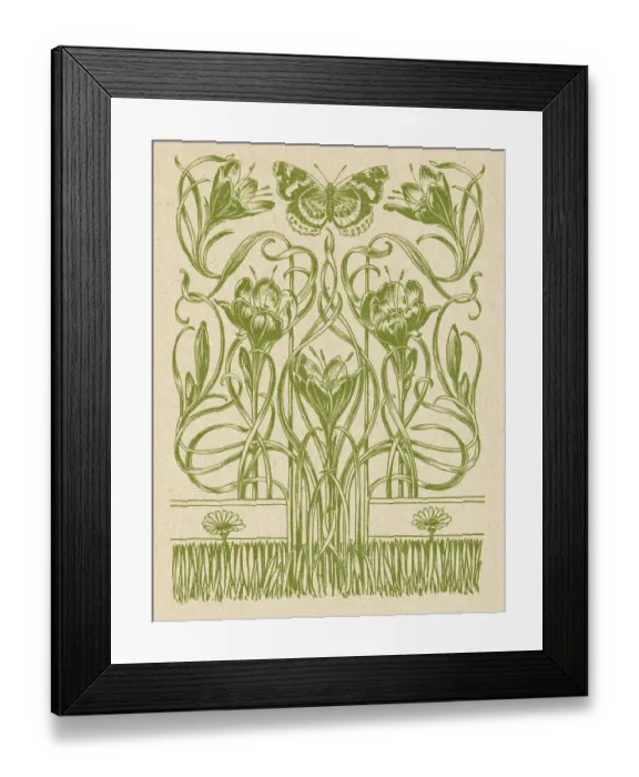 Framed Print : Floral ornament with lilies and butterfly decorative art nouveau 1897 Framed Print : Floral ornament with lilies and butterfly decorative art nouveau 1897