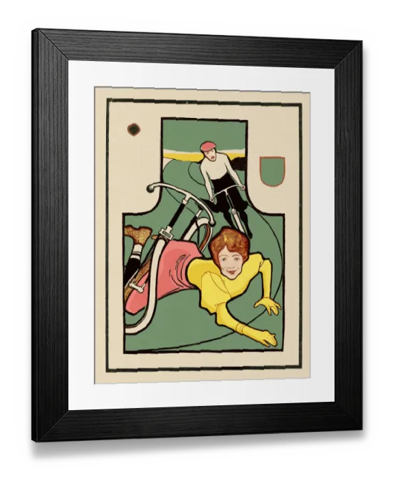 Framed Print : Young woman in dress with bicycle falling after crash art nouveau 1897