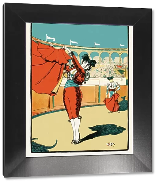 Young woman bullfighter in stadium fighting against bull art nouveau 1897
